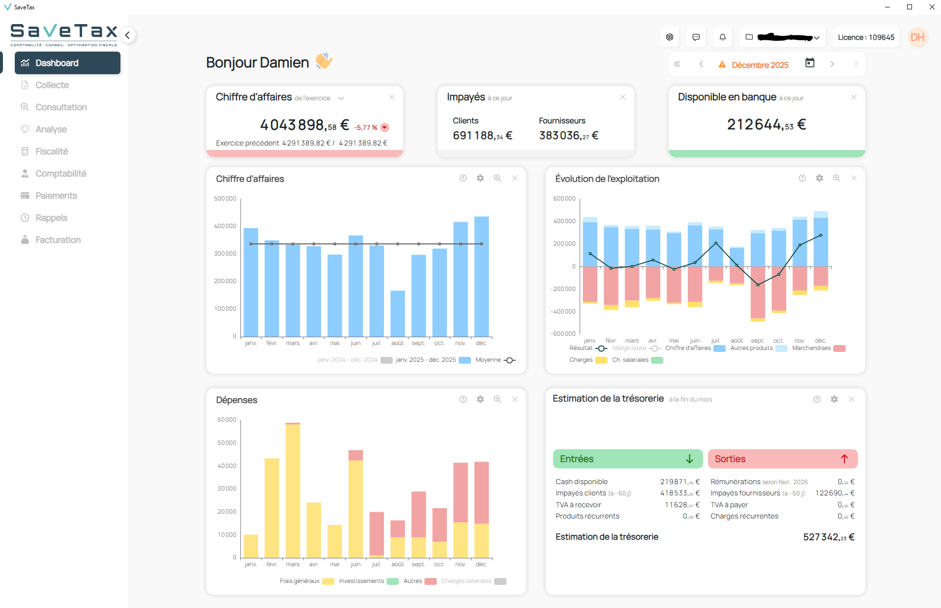 Tableau de bord de l'application